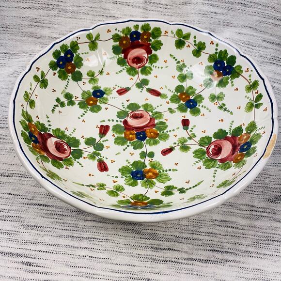Vintage Castelli Italian Hand-Painted Floral Rose Serving Bowl Dish 10.5\